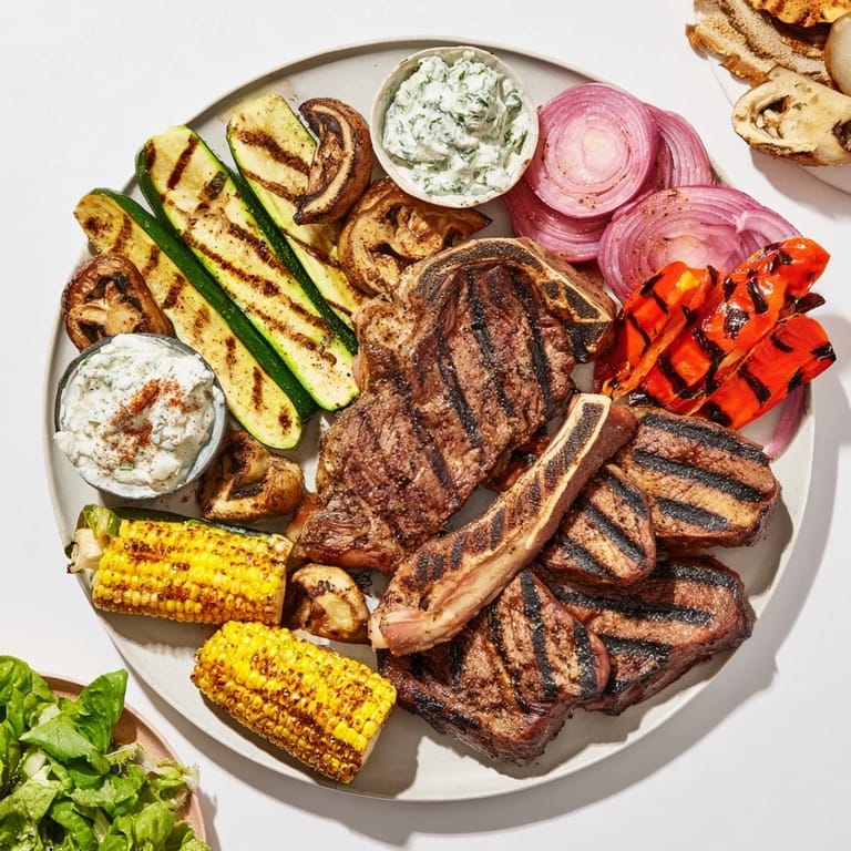 A beautiful Backyard BBQ Companion board overflowing with grilled meats, vegetables, and savory dips to share.