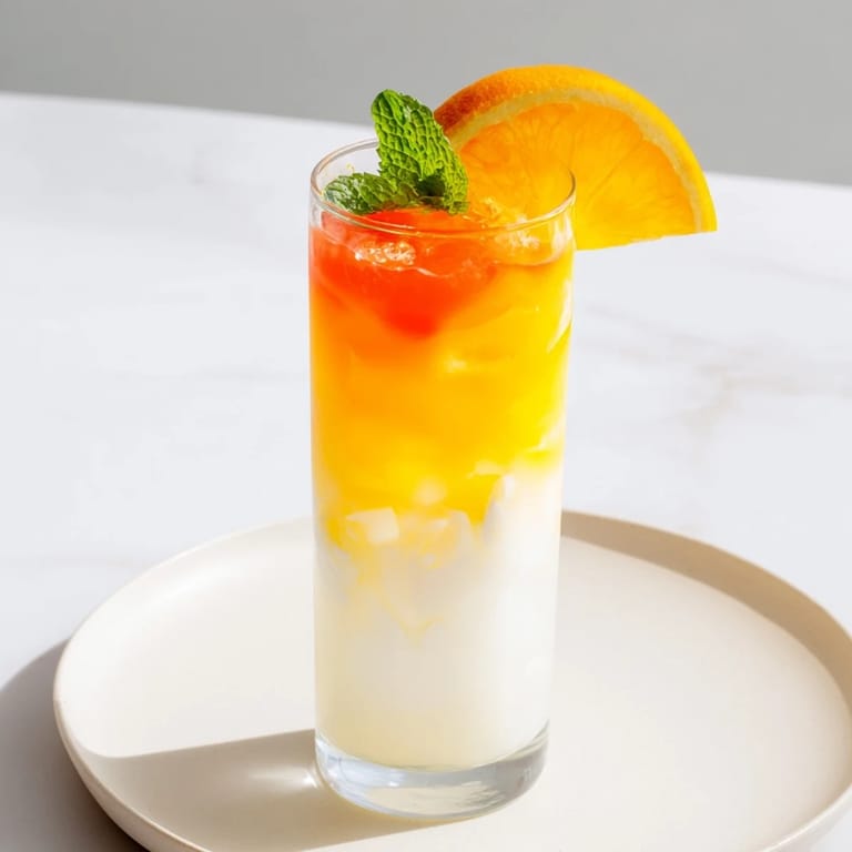 Refreshing Alpine Sunrise non-alcoholic drink: a layered, colorful mocktail, perfect for a sunny brunch setting.