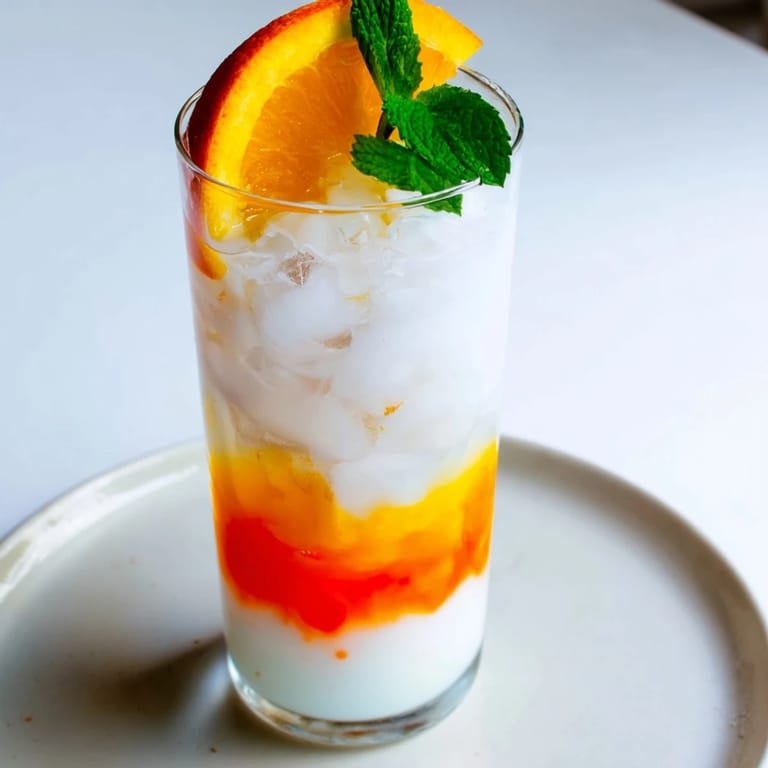 Enjoy a layered Alpine Sunrise: a stunning, non-alcoholic drink with coconut, orange, and grenadine presentation.