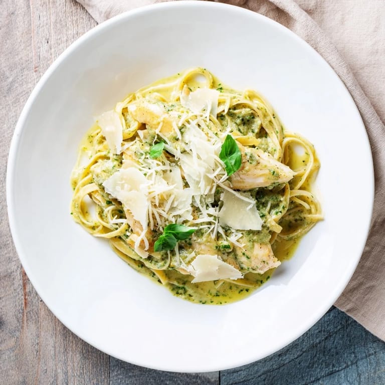 Creamy pesto egg and chicken pasta topped with fresh Parmesan and vibrant basil garnish.