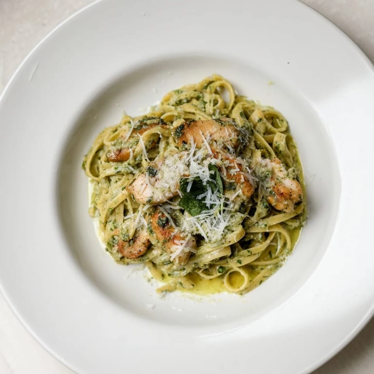 Fragrant pesto egg and chicken pasta with perfectly cooked chicken, ready to enjoy.