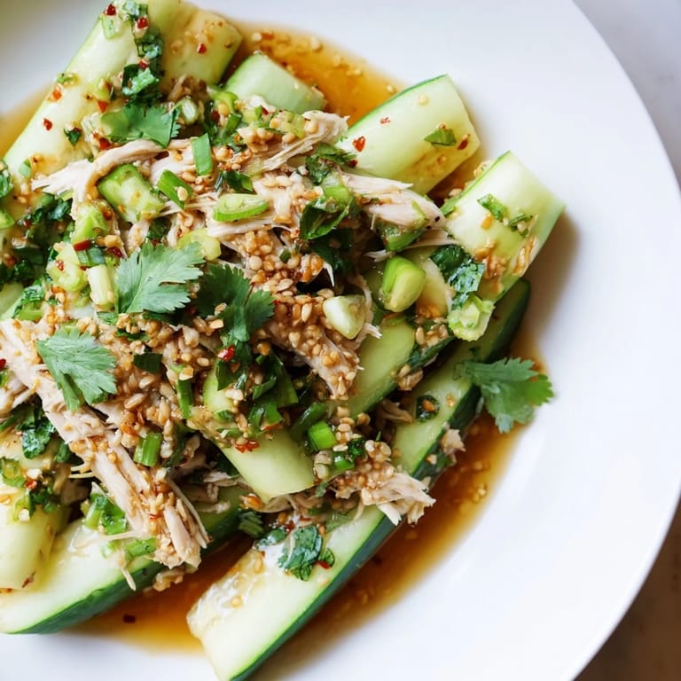 Vibrant image of the Whole Cucumber Logan Salad, featuring refreshing cucumbers and tender chicken pieces.