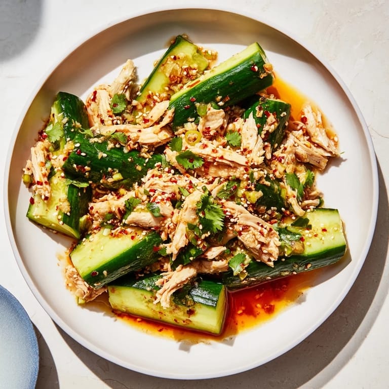 Close-up of the Whole Cucumber Logan Salad, showing the crunchy textures and savory sesame seed garnish.