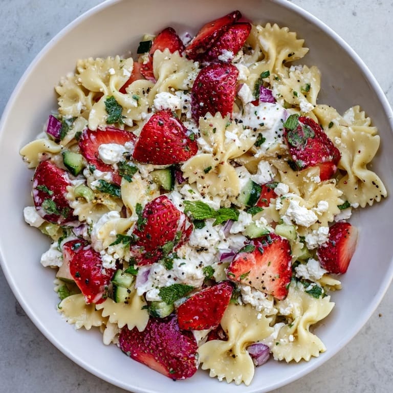 Chilled Strawberry Feta Pasta salad, featuring a creamy yogurt dressing and colorful, ripe berries.