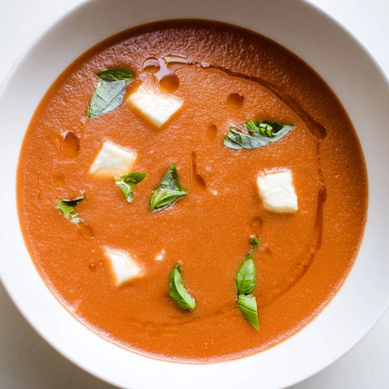 A bowl of vibrant Creamy Tomato Mozzarella Soup, showcasing melted cheese and hearty tomatoes.