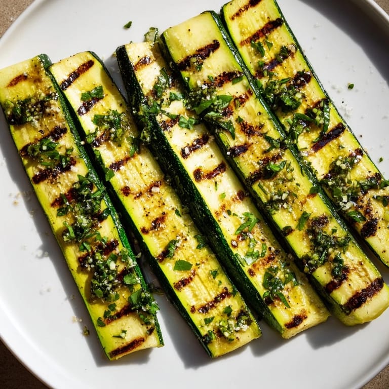 Close-up of vibrant Garlic Herb Grilled Zucchini, showing grill marks and glistening olive oil.