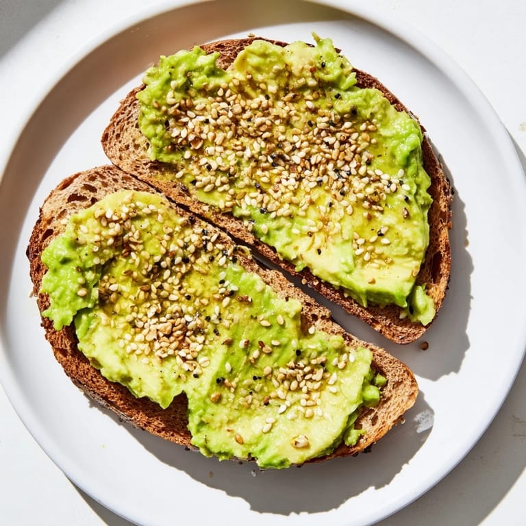 Crispy sourdough topped with mashed avocado and everything bagel seasoning creates this amazing avocado toast dish.