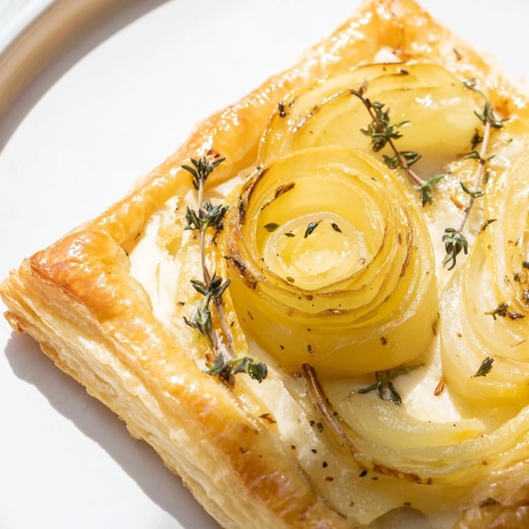 A warm Caramelized Onion Tart with beautifully caramelized onions and a rustic pastry crust.