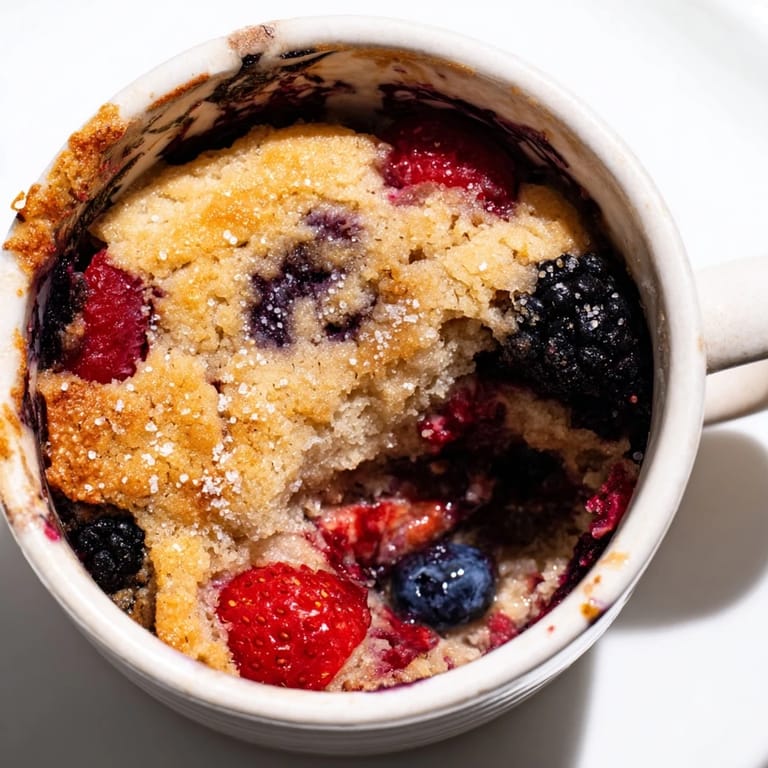 Close-up of a single-serve Mixed Berry Cobbler Mug Cake, brimming with vibrant, delicious berries.
