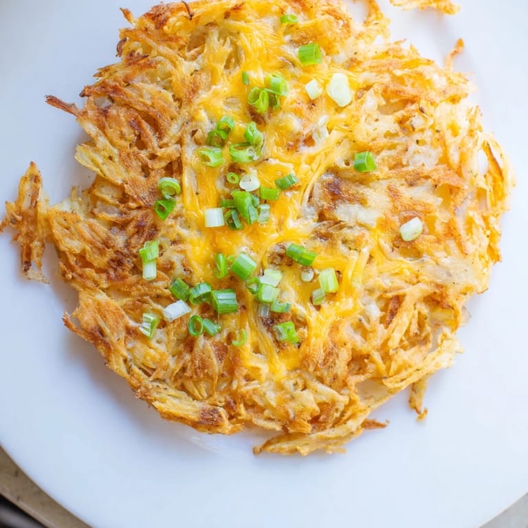A stack of savory Cheesy Hash Brown Waffles with melted cheese and fresh green onion garnish.
