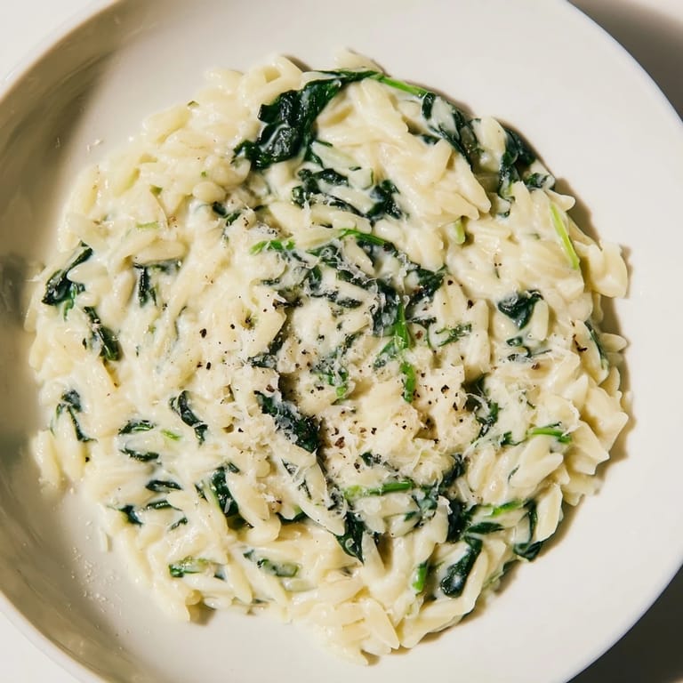 Fresh spinach blends into this creamy Creamy Spinach Orzo, offering a vibrant, flavorful, and easy weeknight meal.