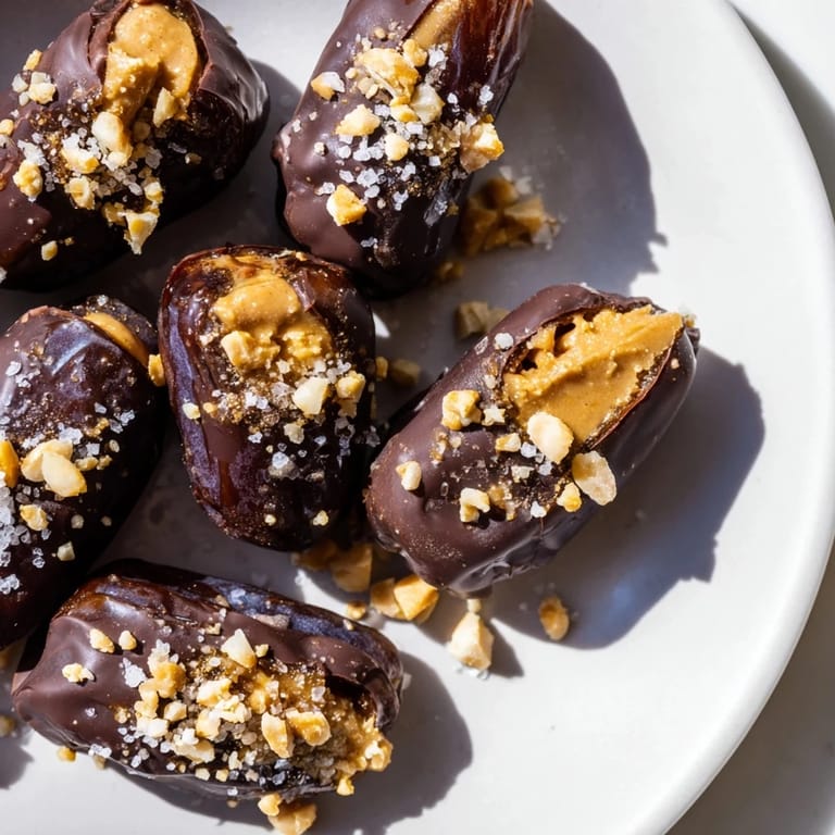 These Chocolate Date Snickers boast a rich, nutty flavor, showcasing the stuffed date's textures beautifully.