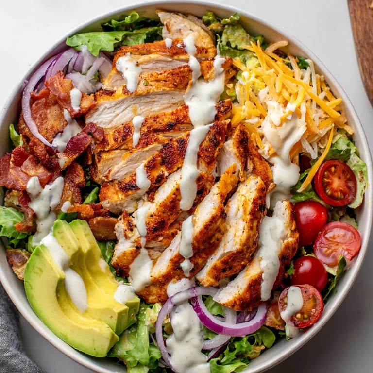 Sliced chicken and crispy bacon atop a colorful, fresh crispy bacon chicken salad, ready to eat.
