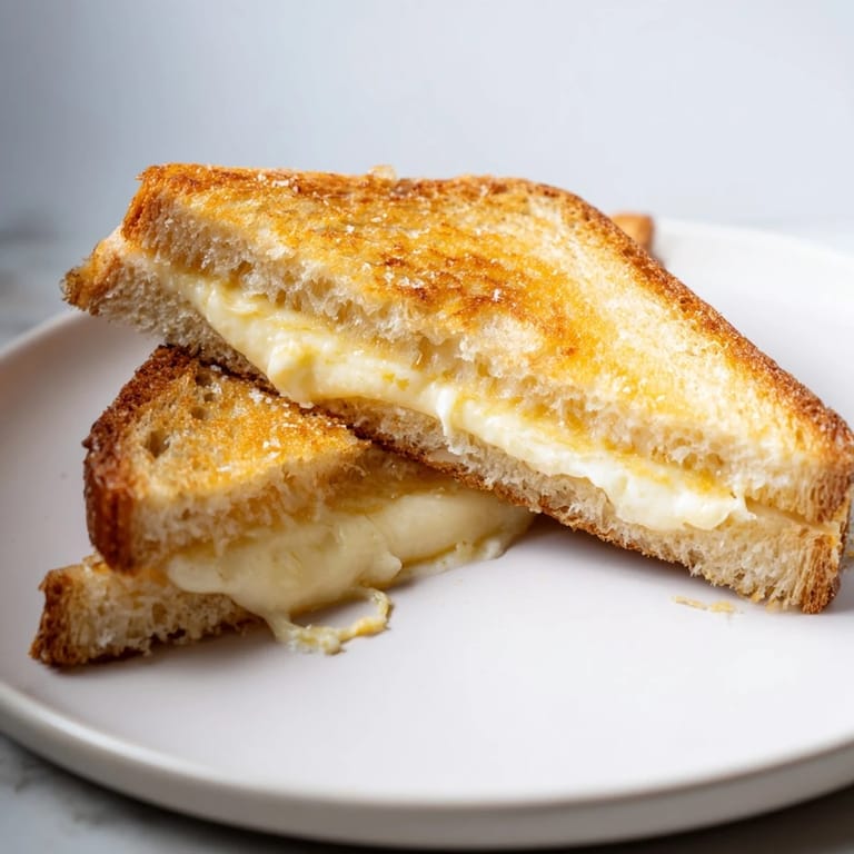 Close-up of a warm and savory Mayo Grilled Cheese, ready to serve with a bowl of tomato soup.
