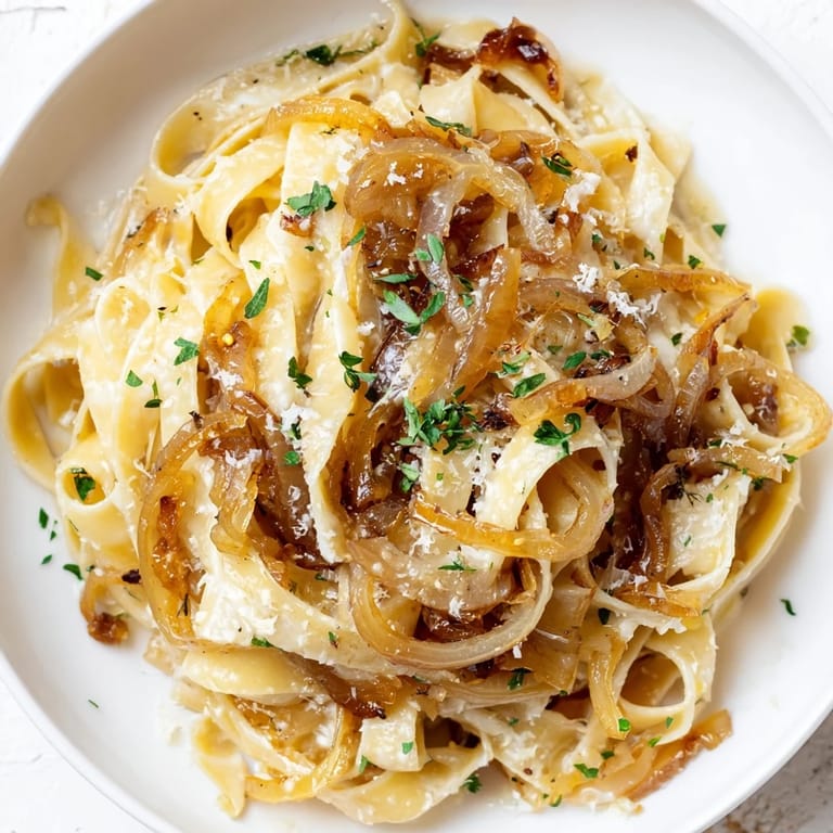 Hearty one-pot French Onion Pasta, steaming hot with melted Gruyère, perfect for a cozy dinner.