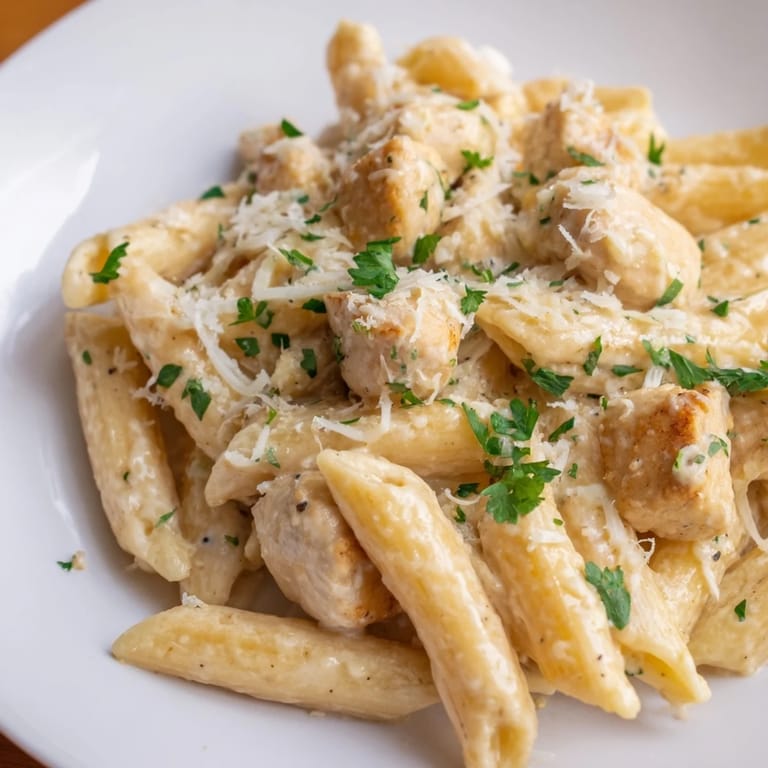 Perfectly cooked pasta submerged in a rich sauce, part of this Quick Garlic Parmesan Chicken Pasta.