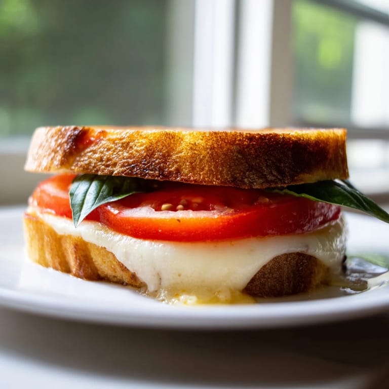 Golden-brown, crispy Tomato Basil Grilled Cheese with juicy tomato slices and herbs, perfect for lunch.
