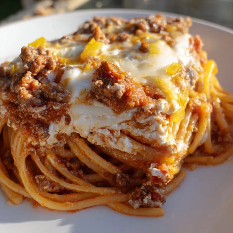 Close-up of baked Million Dollar Spaghetti: a comforting casserole with creamy Alfredo and a golden cheese crust.