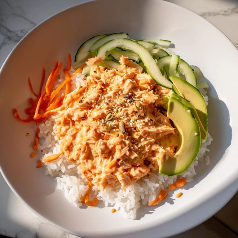 Flaky salmon glistens in a creamy sriracha sauce layered over a Spicy Canned Salmon Rice Bowl.