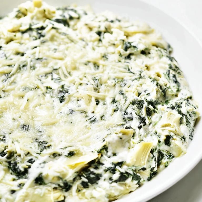 Close-up of a creamy spinach artichoke dip, topped with melted cheese, fresh from the oven.