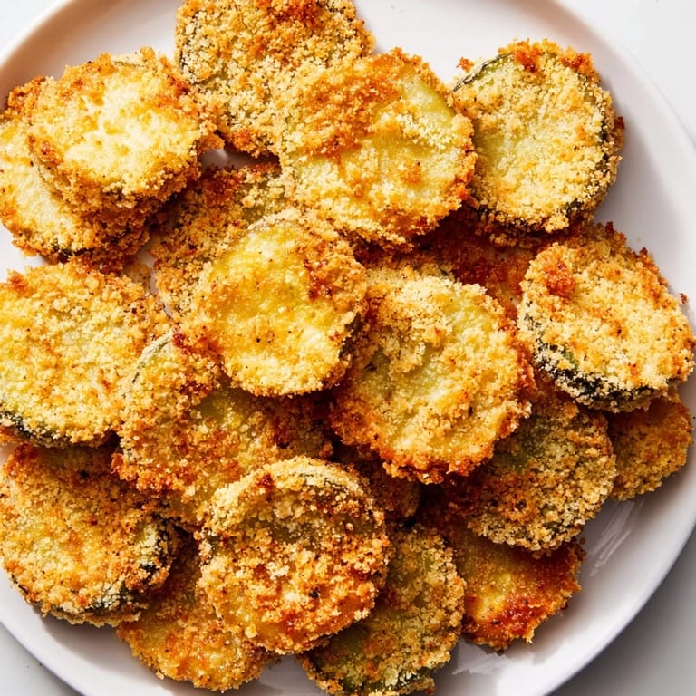 Close-up shot shows beautifully breaded, air-fried crispy fried pickles ready for dipping and enjoying.