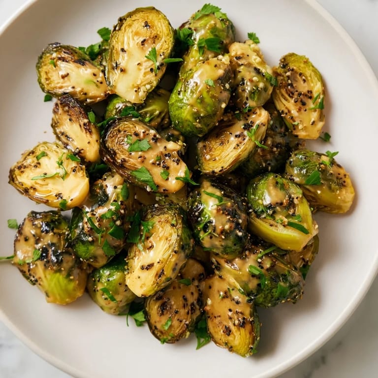 Close-up of baked Honey Mustard Glazed Brussels Sprouts, featuring a sweet, tangy glaze, ready for a bite.