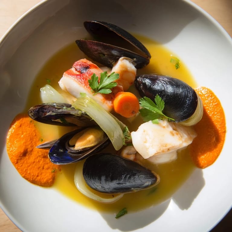 The vibrant colors of bouillabaisse, a French fish stew with mussels, shrimp, and fresh parsley garnish.