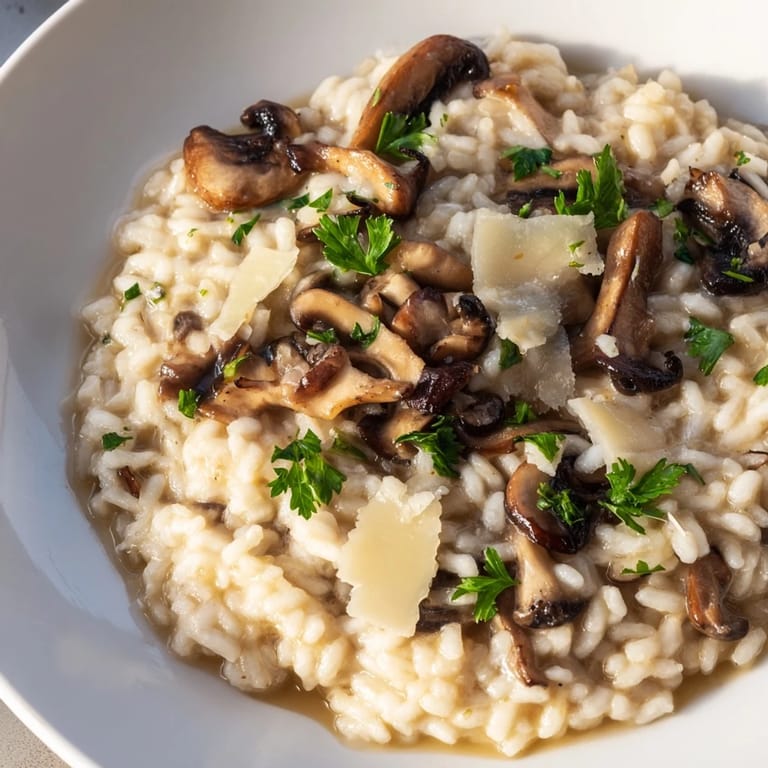 A steaming bowl of Italian Mushroom Risotto, offering a beautifully rich and savory aroma with Parmesan cheese.