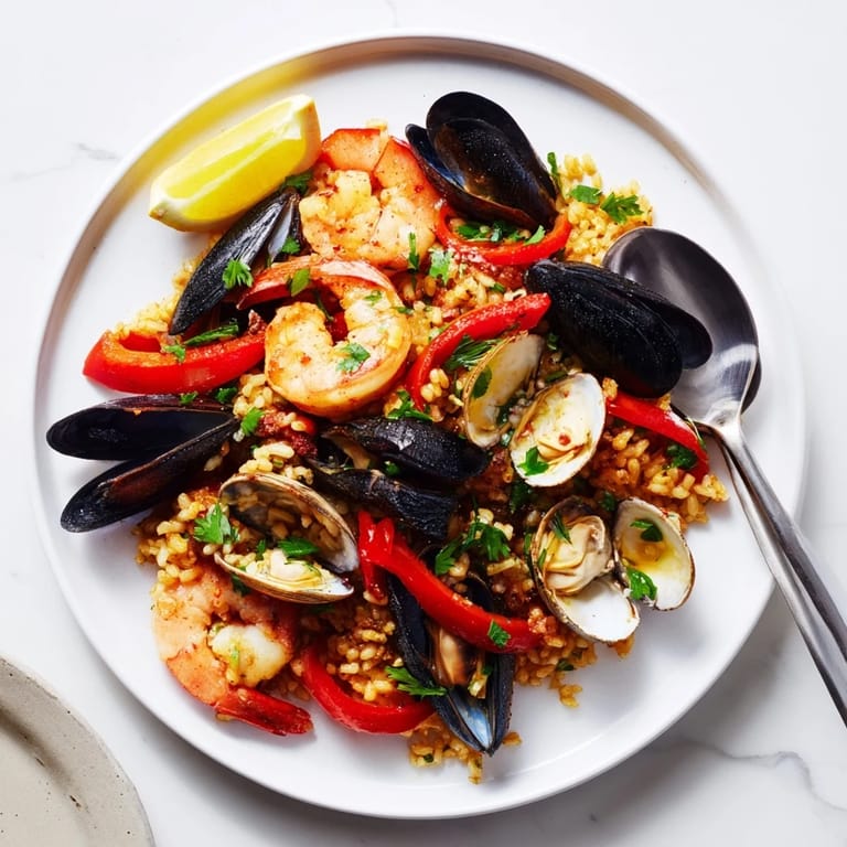 A steaming pan of authentic Spanish Seafood Paella, featuring plump shrimp and mussels, ready to serve.