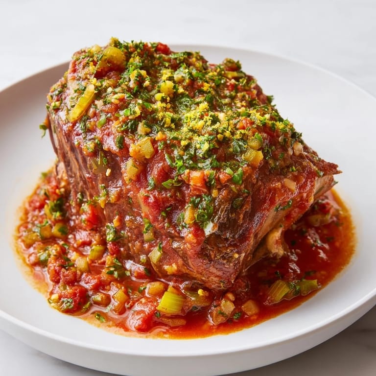 Close-up shot shows steaming Osso Buco with gremolata, perfect for a cozy Italian dinner tonight.