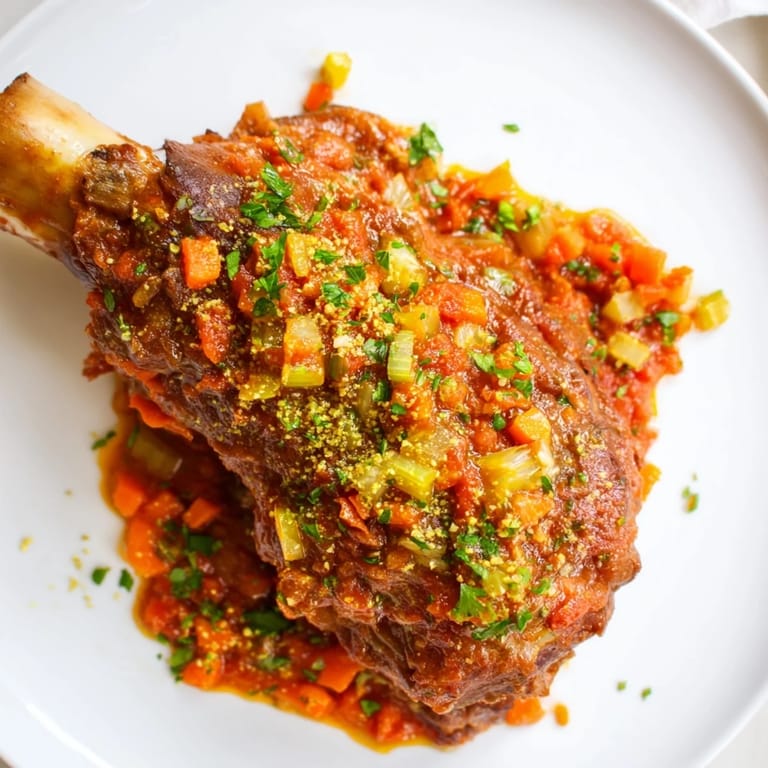 Braised veal shanks, the star of this comforting Osso Buco, look perfectly fork-tender and juicy.