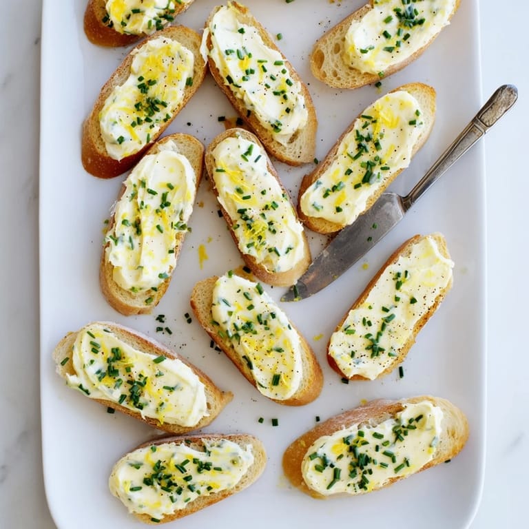 Crisp, toasted Vodka Butter Crostini slices topped with smooth butter, fresh herbs, and a hint of lemon, perfect for elegant appetizers.