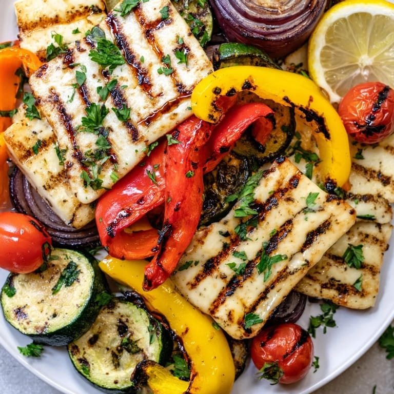 Hearty vegetarian grilled halloumi cheese steak surrounded by charred vegetables, ready to serve with a squeeze of fresh lemon.