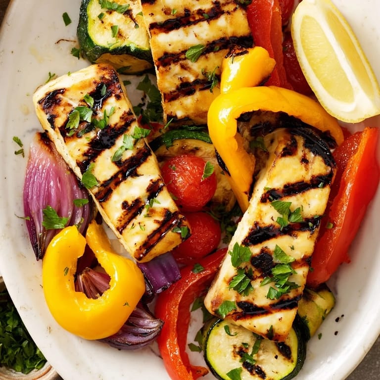 A close-up of seared halloumi cheese steak garnished with parsley and drizzled with balsamic on a rustic Mediterranean platter.  