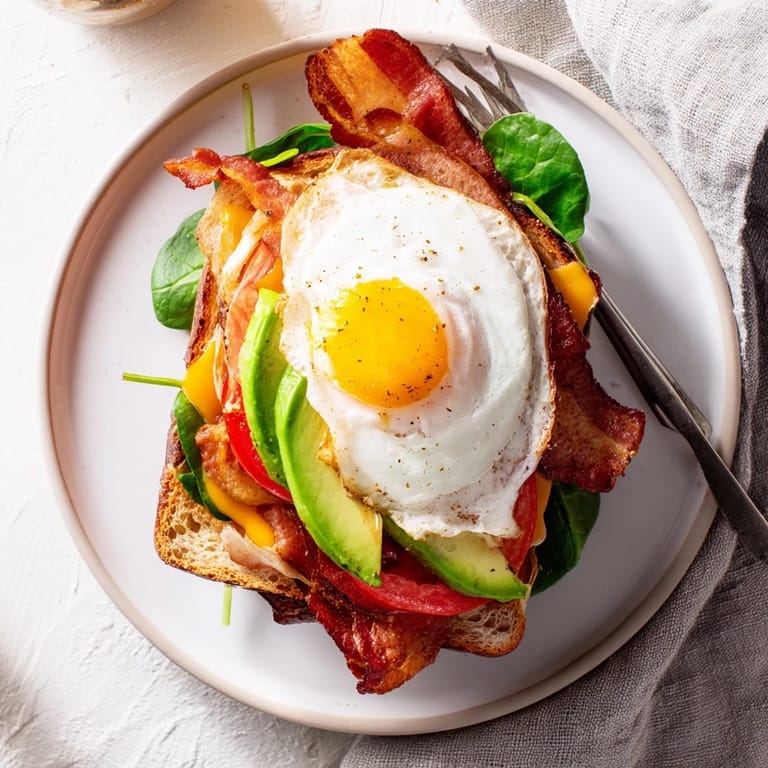 This Loaded Breakfast Sandwich features thick-cut bacon, ripe avocado slices, and a fluffy egg on buttery toasted bread.