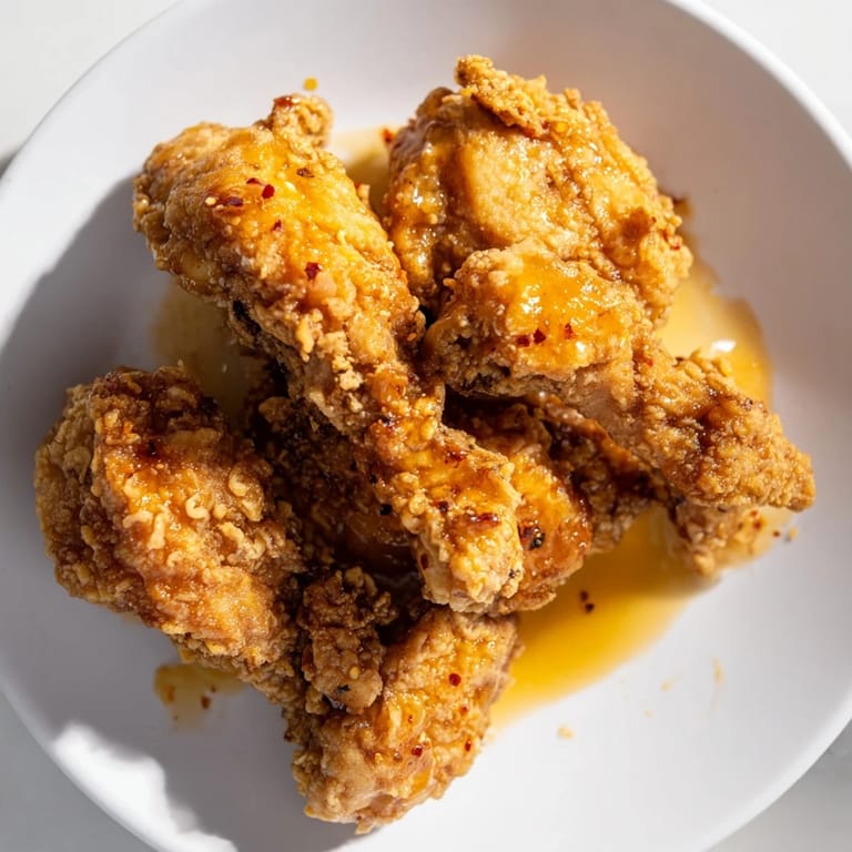 Crispy chicken coated in rich hot honey butter sauce, a sweet and savory delight.