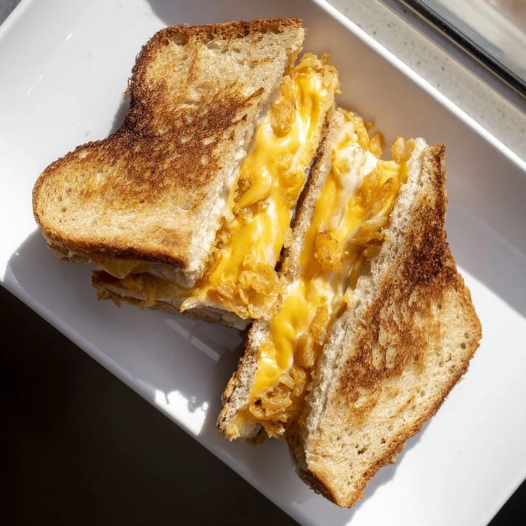 A toasted sourdough Crispy Onion Grilled Cheese oozes gooey cheddar and mozzarella, ready to dip into warm tomato soup.