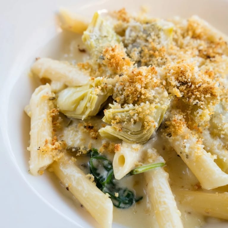 Artichoke Pasta Bake in a white dish, garnished with fresh parsley and extra grated Parmesan, ready to be served for a comforting dinner.
