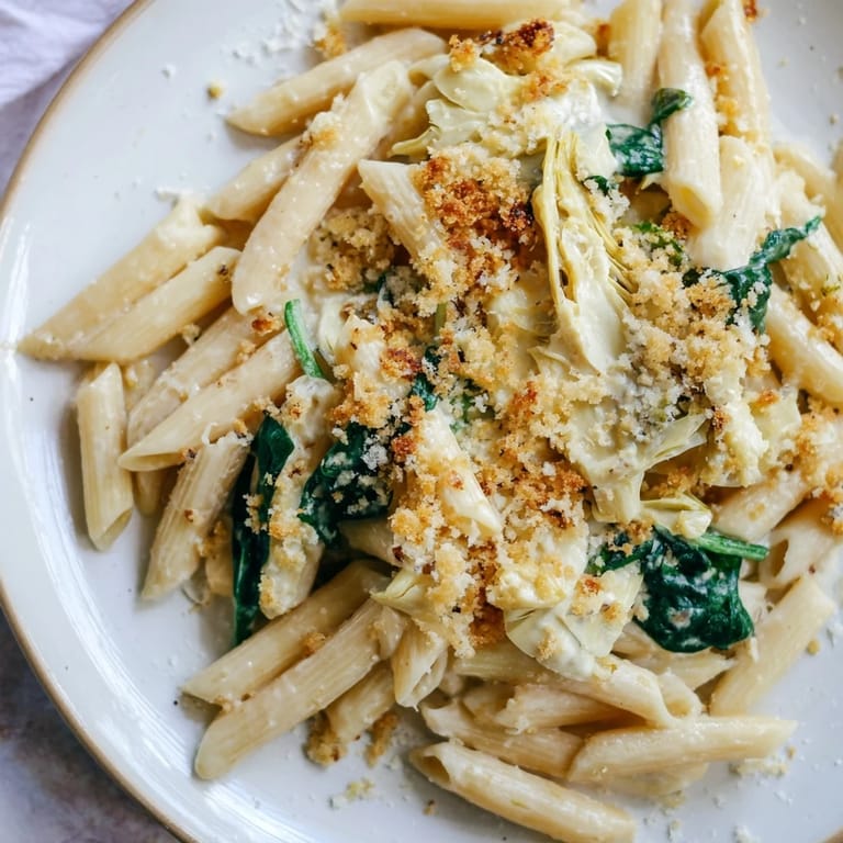 Freshly baked Artichoke Pasta Bake with a crispy breadcrumb topping, highlighting the rich, creamy texture and vibrant green spinach and artichoke hearts.