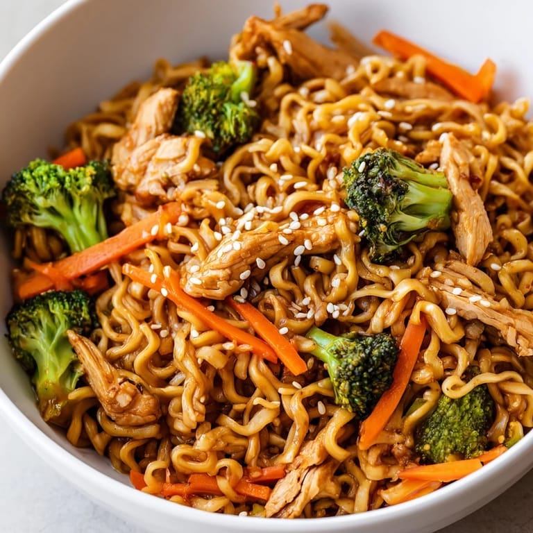 Savory Spicy Ramen Stir-Fry served in a ceramic bowl, garnished with green onions, highlighting a satisfying fusion of noodles and spice.
