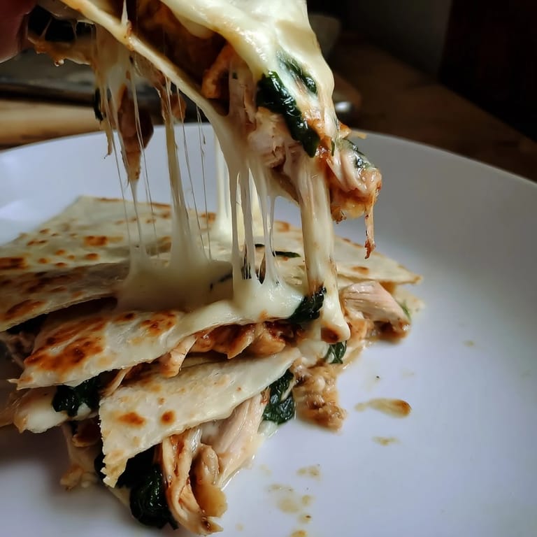 Stacked grilled Chicken and Spinach Quesadilla slices reveal layers of savory chicken, wilted greens, and melted cheese, garnished with fresh cilantro and a side of salsa.  