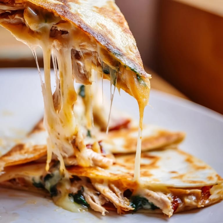 A delicious homemade Chicken and Spinach Quesadilla rests beside a dollop of sour cream and sliced avocado, showcasing its golden-brown, buttery tortilla exterior.