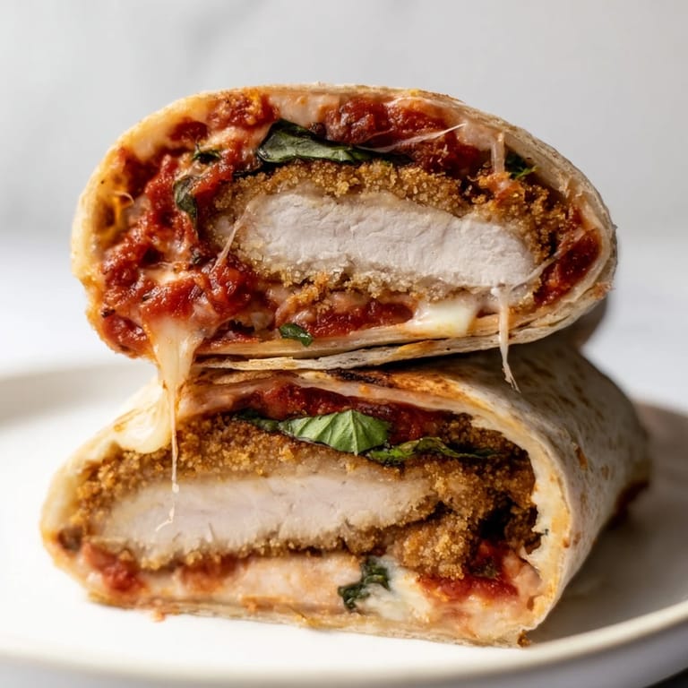 Golden-brown breaded chicken inside a toasted tortilla with rich marinara sauce for dipping.