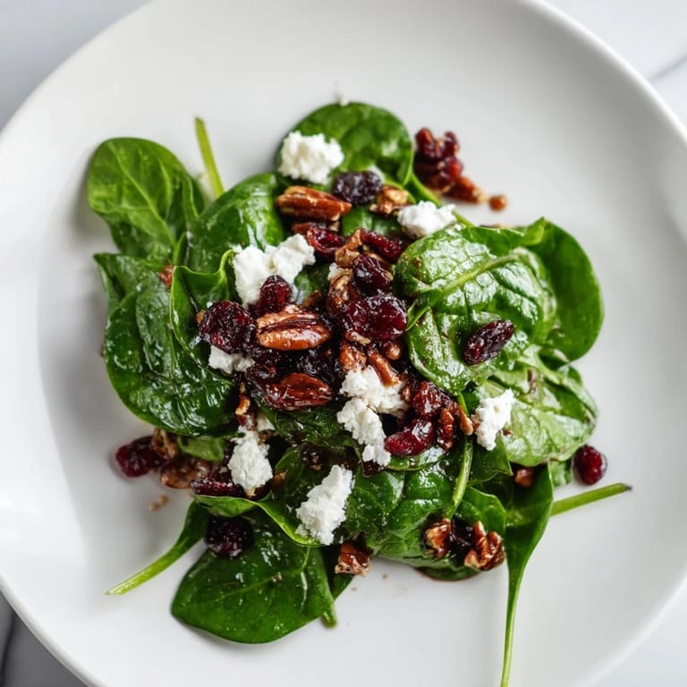 Tossed Spinach Goat Cheese Salad glistening with balsamic vinaigrette, ready for a light vegetarian lunch or dinner.