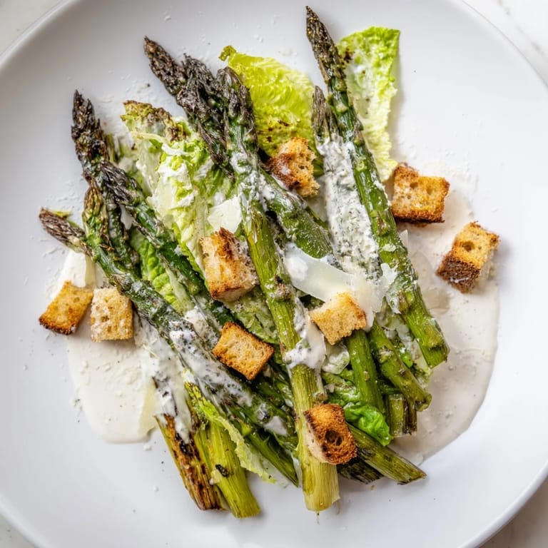 Savory roasted asparagus meets tangy yogurt Caesar dressing, served over romaine with crispy croutons for a modern twist on the classic salad.