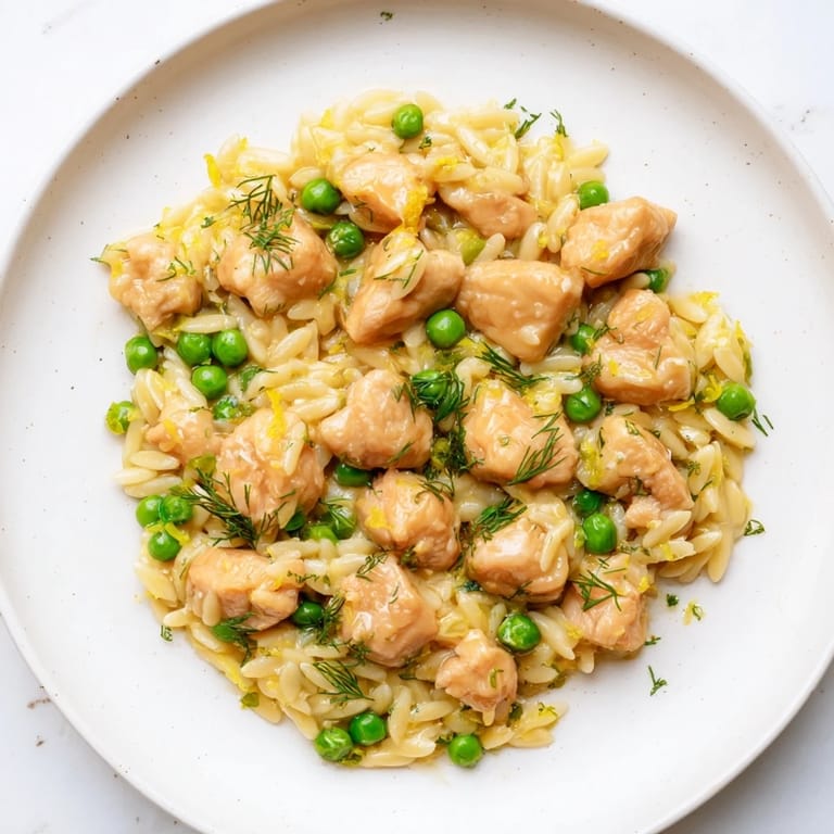 A single-pan Mediterranean-inspired dinner with fluffy orzo, golden chicken, and fresh parsley dill garnish, perfect for a light spring evening.