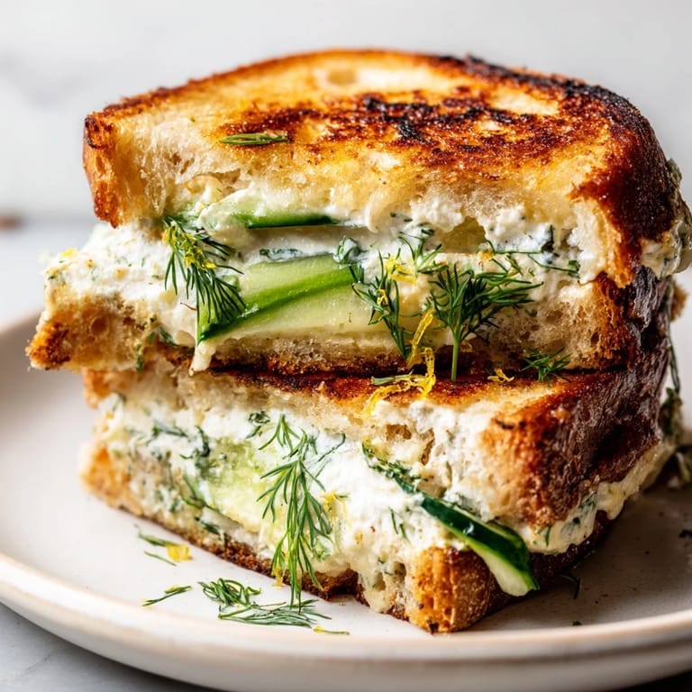 Two crisp, buttery slices of Whipped Feta Spring Grilled Cheese are stacked, showing a thick layer of whipped feta and fresh scallions inside.