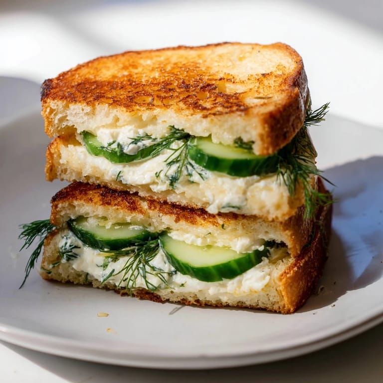A close-up of a delicious Whipped Feta Spring Grilled Cheese sandwich on a plate, highlighting the toasted sourdough crust and melted, savory filling.