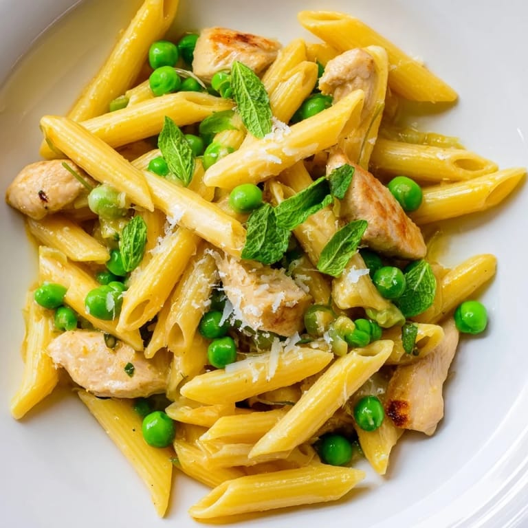A close-up of a serving of pea and mint chicken pasta highlights the savory chicken, sweet peas, and fresh mint herbs scattered over the creamy, zesty pasta in a rustic bowl.