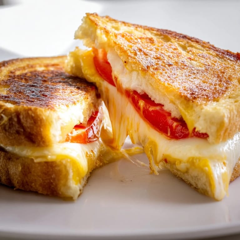 Close-up of Pepper Jack & Tomato Grilled Cheese showing juicy tomato slices inside melted cheese.
